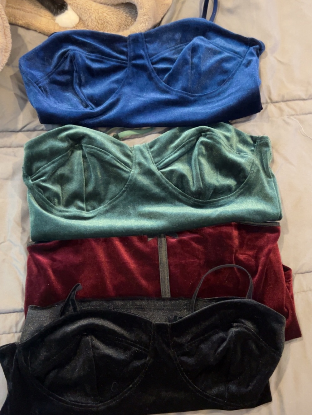 Velvet Bustier Crop Tops - Blue, Green, Burgundy, Black